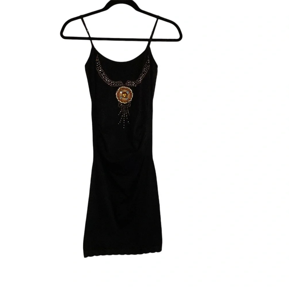 Festival Bohemian Mini Bodycon Black Beaded Country Western Sexy Womens SZ M
